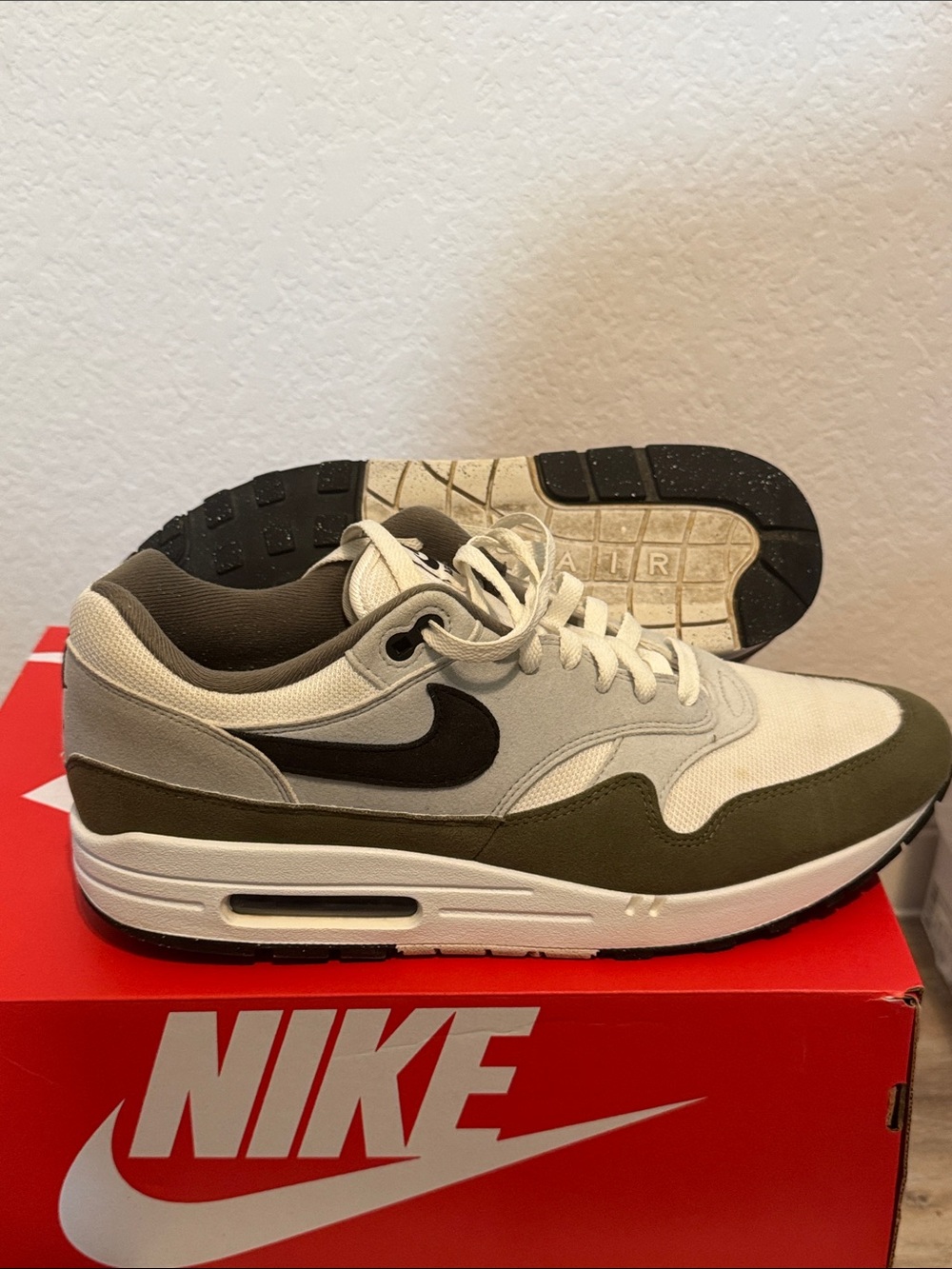 Nike Men's Air Max 1  Medium Olive, Black, and White